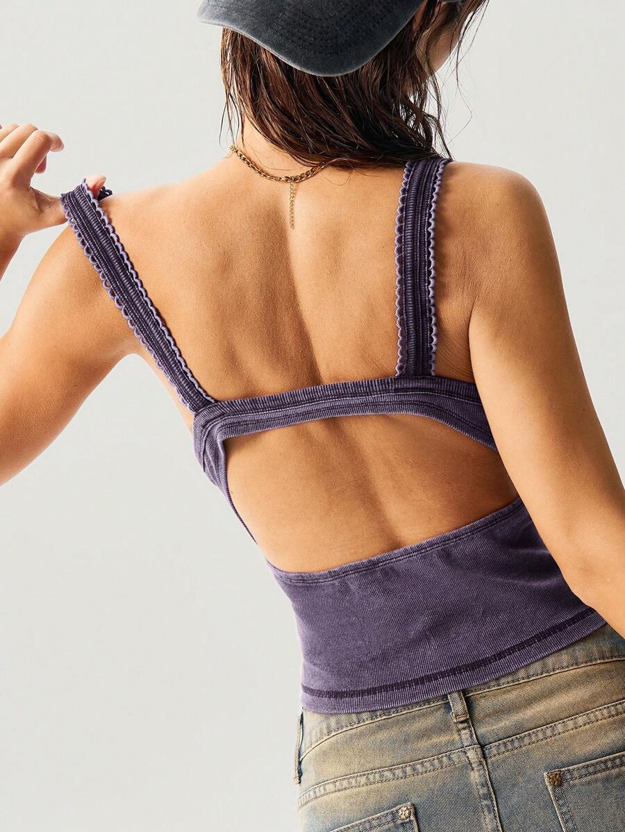 Bohemela 女式夏季休闲度假纯色V领修身短款水洗针织吊带背心 - 藍色 - 查看 1