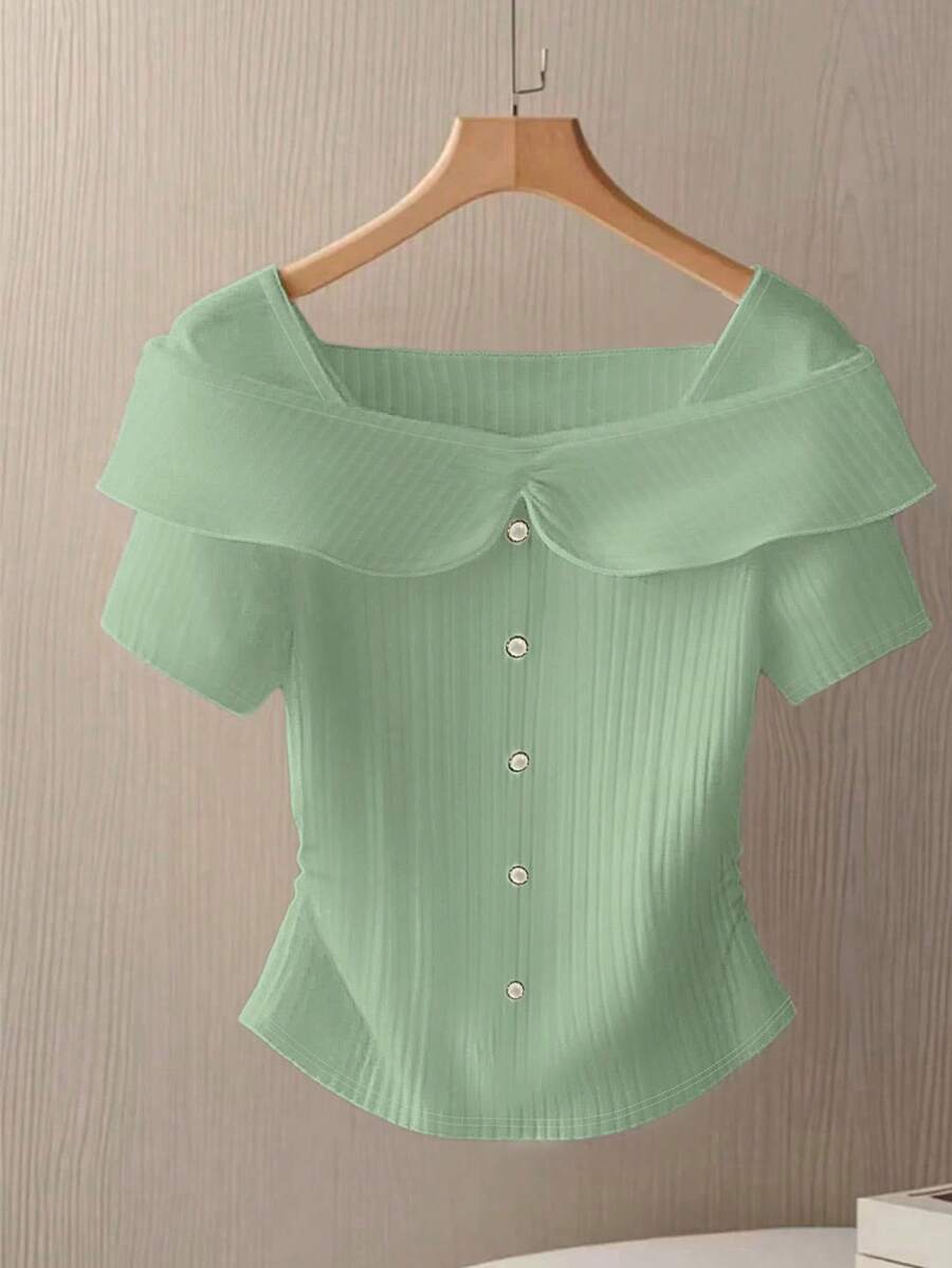 GlowEve Knitted Striped Textured Splice Button Decor Luxurious French Style White Summer Ladies Short Sleeve Top - Olive Green - View 1