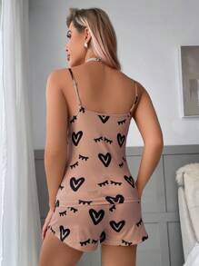 Heart & Eyelash Print Bow Front PJ Set / Pajama Set Bow Tie - Dusty Pink - View 2
