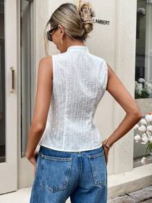 SHEIN Essnce Top estivo da donna con colletto alla coreana, senza maniche, in colore unito, con motivo ricamato e effetto bruciato - Bianco - Visualizzare 6