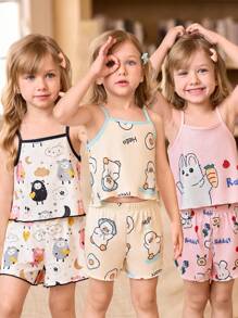 SHEIN 3件套少女可爱卡通印花吊带背心和短裤套装 - 彩色 - 查看 1