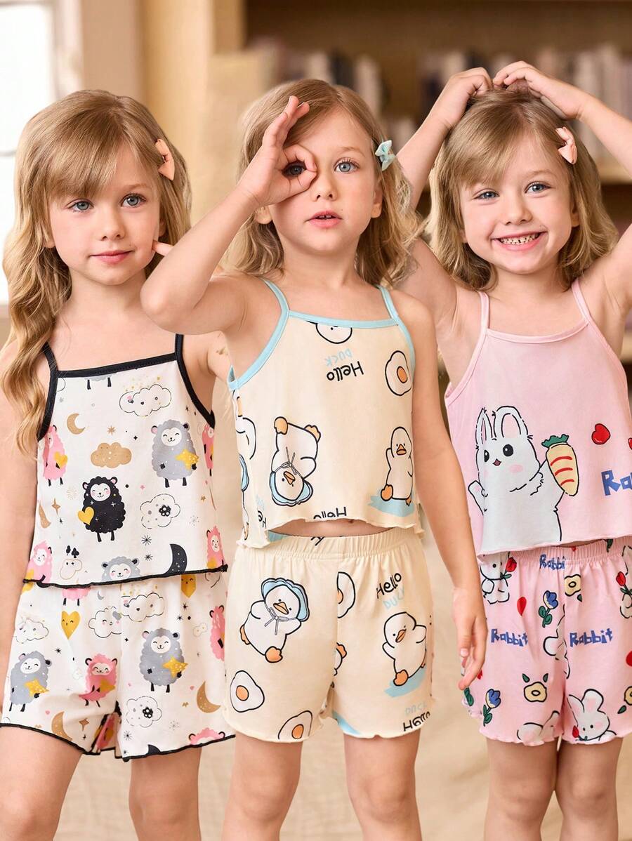 SHEIN 3件套少女可爱卡通印花吊带背心和短裤套装 - 彩色 - 查看 1