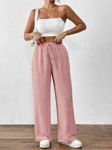 SHEIN PETITE Women Plain Color Pants, Fashionable For Summer Fall Cloth For Women - Pink - View 3