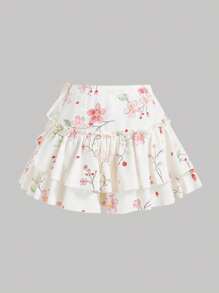 SHEIN MOD Jupe-culotte vintage romantique à imprimé floral abricot avec nœud, ourlet volant et bas superposé - Style mignon Y2K, parfait pour les vacances sur l'île, les fêtes, les rendez-vous, les célébrations d'anniversaire, les thés de l'après-midi et les festivals, les vacances - Nude - Voir 2