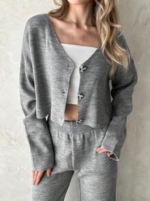 EURMUSE Ensemble de pantalon et cardigan femme à col en V avec boutons devant de couleur unie - Gris - Voir 5