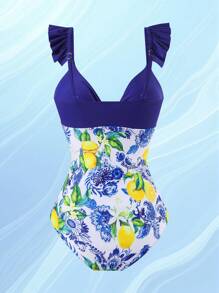 SHEIN Swim بدلة سباحة حريمي قطعة واحدة ، برقبة واحدة وأشرطة مكسرة ، ذات طبعات ملونة وسادة، بأناقة الصيف