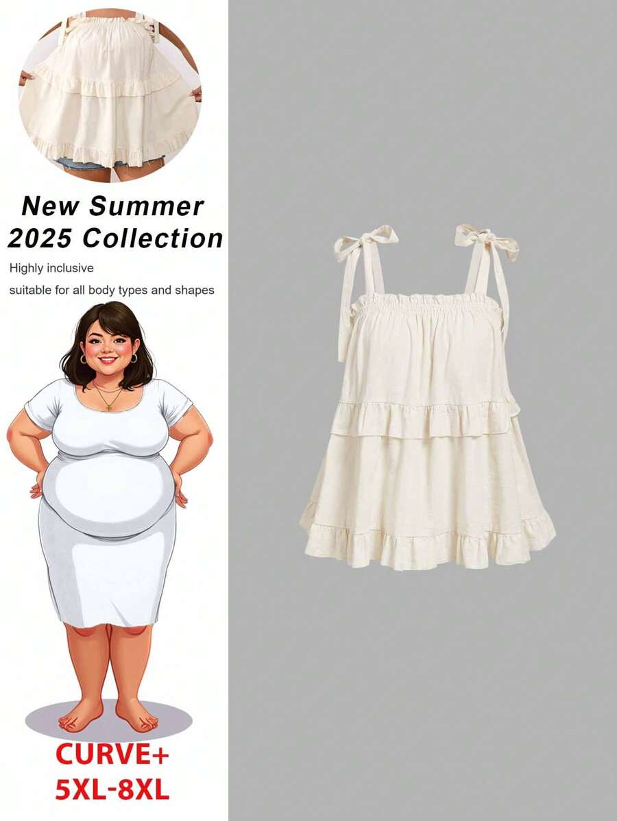 SHEIN CURVE+ Top de verano con volantes en el bajo para mujer de talla grande, vestimenta para vacaciones en la playa, campo o viajes - Albaricoque - Ver 1