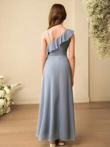 SHEIN Tween Girls Bridesmaid Shoulder Ruffle Asymmetrical Hem Maxi Dress, For Wedding, Prom, Birthday Party - Blue - View 2
