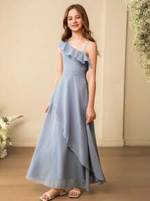 SHEIN Tween Girls Bridesmaid Shoulder Ruffle Asymmetrical Hem Maxi Dress, For Wedding, Prom, Birthday Party - Blue - View 7