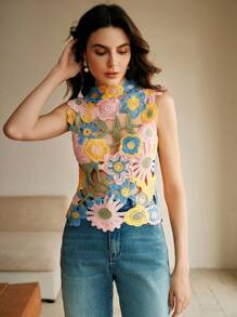 Anewsta 女士优雅多彩不对称花卉钩针无袖罩衫背心上衣，适合海滩度假休闲春夏 - 彩色 - 查看 6