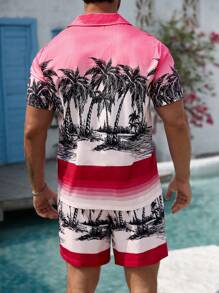 Manfinity RSRT Men Shirt Co-Ords, Men's Casual Vacation INS Coconut Tree Pink Gradient Fresh Romantic Hawaiian Beach Style Print Short Sleeve Shirt Shorts Set With Button Placket. Men's Two-Piece Clothing Vacations, Music Festivals And Daily Street Style. With A Bohemian Island Style, It Is A Great Summer Gift For Your Boyfriend Or Husband.