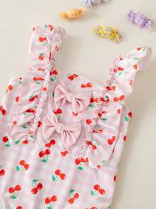 Baby Girl Cherry Check Print Ruffle One-Piece Swimsuit For Beach Holiday - Pink - View 4