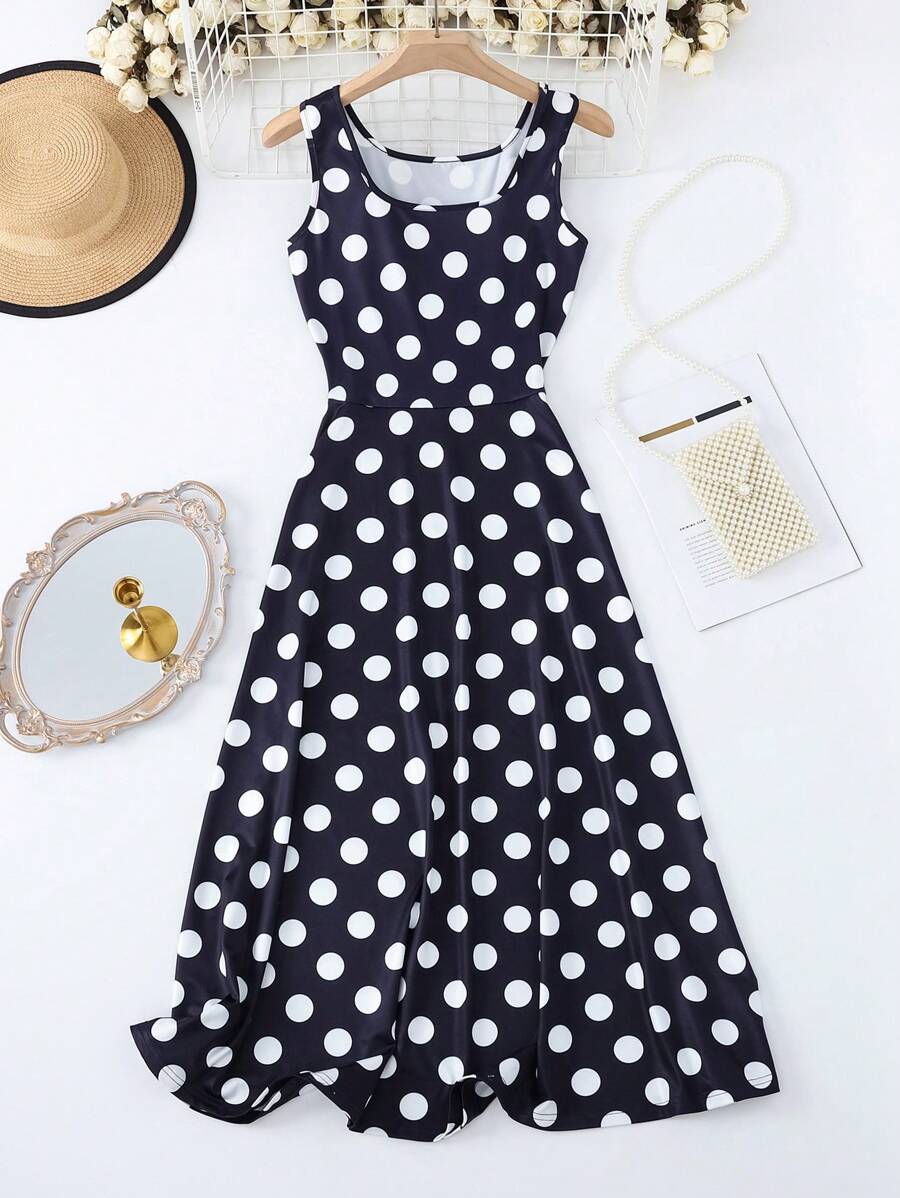 SHEIN LUNE Women's Summer Travel Fashion Blue Base White Polka Dot Sleeveless Dress