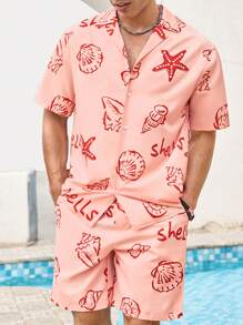 Manfinity VCAY Men's Casual Slim-Fit Shell & Starfish Printed Woven Short Sleeve Shirt & Shorts Set, Suitable For Summer - Multicolor - View 3