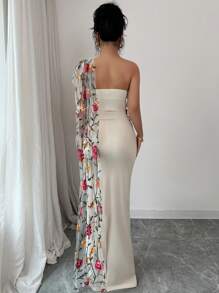 Chiquease 女士优雅刺绣网眼披肩针织紧身连衣裙，无袖 - 杏色 - 查看 2