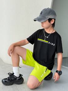 2pcs/Set Tween Boy Casual Letter Pattern Contrast Color Round Neck Short Sleeve T-Shirt And Shorts Set, Suitable For Commuting, School, Daily Casual Wear, Sports, Spring/Summer - Black - View 7