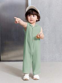 Baby Sleeveless Hooded Jumpsuit Set, Green Summer Solid Color Casual All-Match For Indoor/Outdoor - Green - View 4