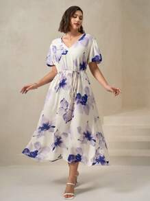 Chikora Plus Size Women's V-Neck White Summer Elegant Flowy Puff Sleeve Dress,Tea Party Cocktail Fairycore Modest Formal Gowns Evening Concert Outfits - Multicolor - View 4