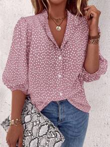 Linhara Plus Size Boho Front Button Allover Print Casual Blouse, For Summer