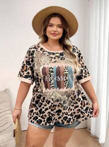 SHEIN CURVE+ Grand T-shirt femme avec imprimé léopard et motif lettres, courbe plus, style bohème vacances, T-shirt grande taille été, campagne, vacances à la plage, tenue de plage - Multicolore - Voir 4