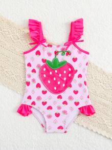 Baby Girls Cute Strawberry Ruffle Trim One-Piece Swimsuit - Pink - View 5
