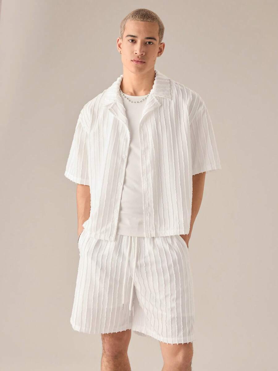 Mainfolk 2pcs Men's Casual Loose Woven White Shirt And Drawstring Waist ...