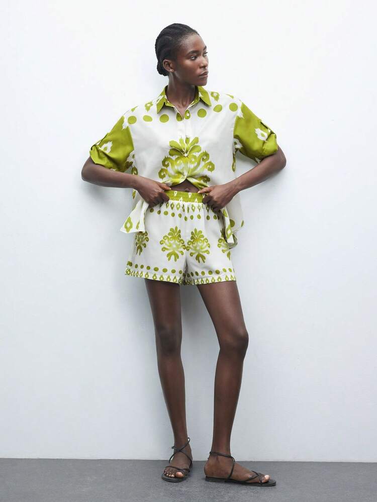 SHEIN Maija Women's Green Casual Graphic Print Short Sleeve Button Front Shirt With Cuff Button And Loop, Loose Bohemian Western Style Fashion Blouse For Outdoor Wear Vacation Woman