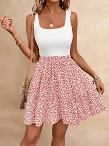 SHEIN Frenchy 夏季假期女士花卉图案无袖 A 字形收腰连衣裙 Bridgerton - 粉色 - 查看 2