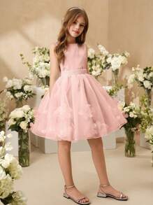 SHEIN 新款花童礼服，女童公主短款薄纱蓬松礼服，钢琴表演礼服 - 粉色 - 查看 3