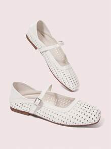 CUCCOO DOLLMOD Women's Round Toe Low Heel Beige Woven Mesh Fabric Chic Minimalist Buckle Strap Flats