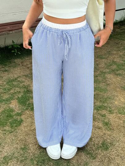 SHEIN EZwear Pantalones de verano de pierna ancha con bolsillos y cinturón de atar para mujer de talla grande a rayas