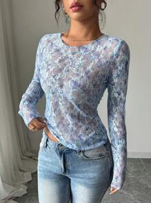 Elenzga Women Elegant Fashion Lace Print Casual Long Sleeve Crew Neck T-Shirt