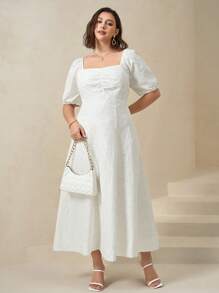 Chikora Robe d'été femme grande taille en maille avec broderie, col carré, dos nu, manches courtes. Robe blanche d'été décontractée pour femme. Vêtements d'été pour anniversaire, travail, remise de diplôme, mariage, vacances, festival - Blanc - Voir 5