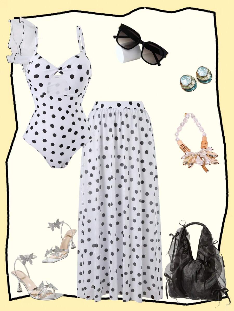 Swim Oasis Plus Size Women 2 Pieces Swimsuit Set, Random Polka Dot Print, Minimalist Design, Sleeveless One Piece Swimsuit, Beachwear For Daily Wear, Summer - Black and White - View 1