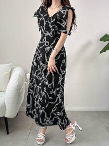 FRIFUL Women's Summer Full Print V-Neck Big Bow Detail Sleeveless Dress,Casual Women Dresses - Black - View 5