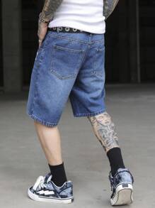 Manfinity EMRG Men's Casual Washed Character & Letter Print Denim Shorts - Blue - View 2