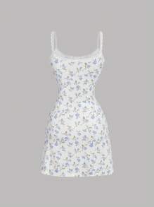 SHEIN MOD 女式碎花蕾丝边迷你针织连衣裙，夏季迷你连衣裙