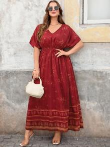 SHEIN Clasi Vestido vintage con estampado de colocación elegante talla grande, vestidos de madre de la novia, de verano, de moda para el verano - Rojo - Ver 6