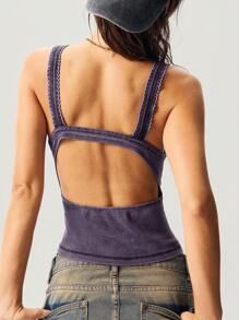 Bohemela 女式夏季休闲度假纯色V领修身短款水洗针织吊带背心 - 藍色 - 查看 4