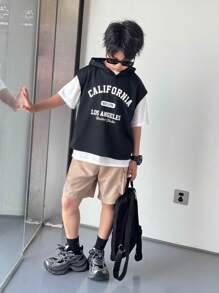 SHEIN Leap Crew 3pcs/Set Tween Boys Casual Loose Fit Black Hooded Vest, White Knit Round Neck T-Shirt, And Khaki Elastic Waist Cargo Pocket Shorts Outfit - Black - View 3