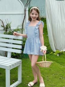 LMoss Kids LMoss Tween Girls Woven Striped Ruffle Hem Casual Romper - Blue and White - View 3