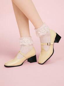 CUCCOO DOLLMOD New Yellow Oxford-Style Square Toe Chunky Heel Vintage Anti-Slip Comfortable Women High Heel Pumps