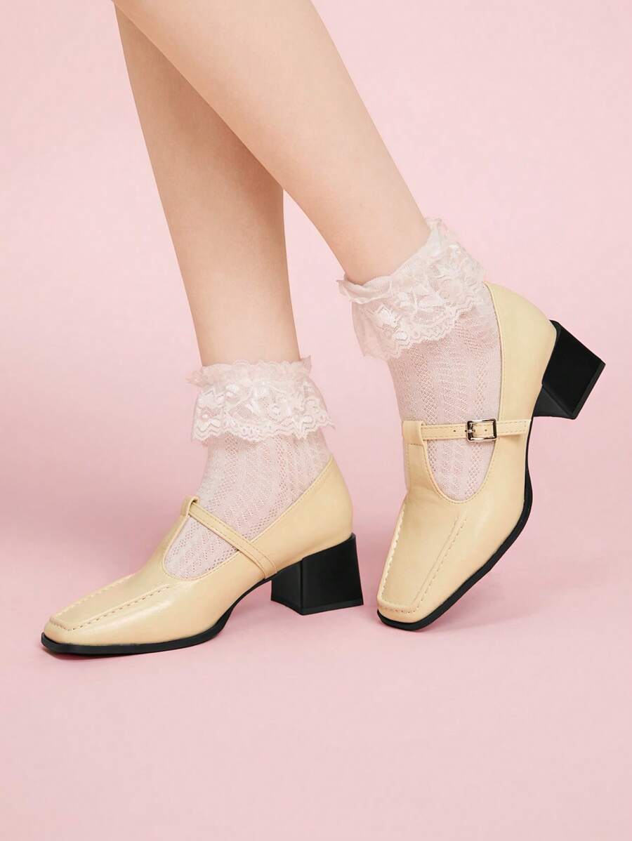 CUCCOO DOLLMOD New Yellow Oxford-Style Square Toe Chunky Heel Vintage Anti-Slip Comfortable Women High Heel Pumps