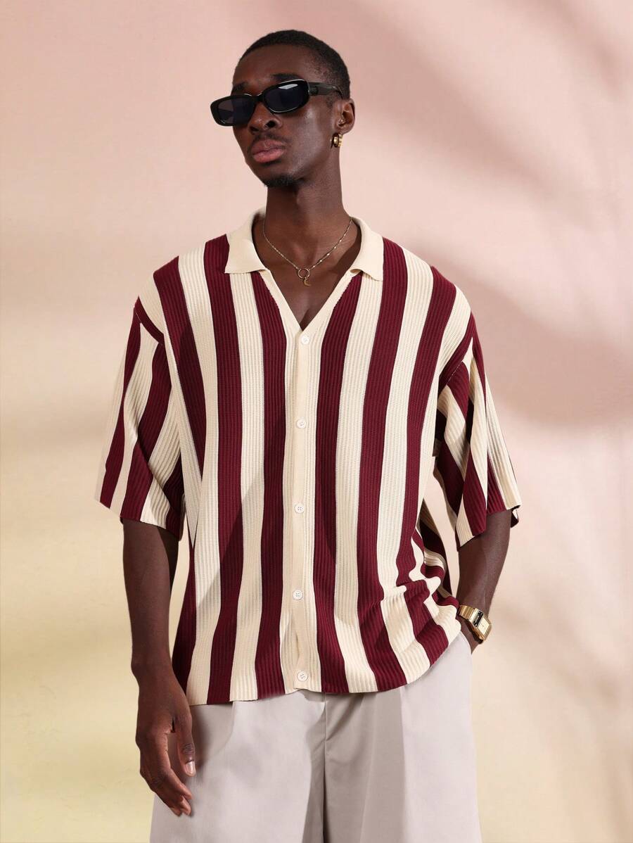 SUMWON Camisa estilosa de manga corta con botones y rayas, de punto con costillas, uso casual de fin de semana y estilo resort, moda para verano y primavera, con cuello - Burdeos - Ver 1