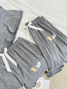 Cute Cat Print 3-Piece Pajama Set With Shorts - Black - View 9