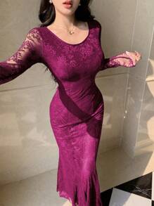 Modelyn Women Elegant Sexy V-Neck Ruched Waist Fishtail Hem Lace Dress Fall Cloth For Women