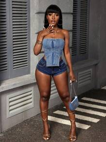 SHEIN VaVaLuxe Women's Fashionable Crop Top Denim Shirt - Blue - View 2