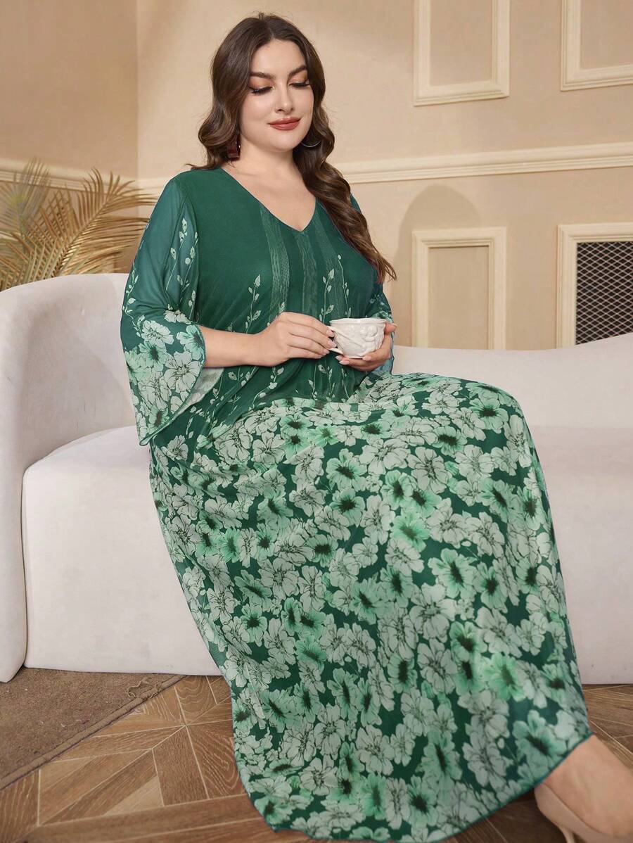 SHEIN Lacomfia 女式 V 领泡泡袖花卉印花优雅浪漫连衣裙，大码，休闲日常 - 彩色 - 查看 1