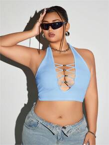 SHEIN ICON Plus Size Fitted Deep V-Neck Beaded Decor Halter Tank Top