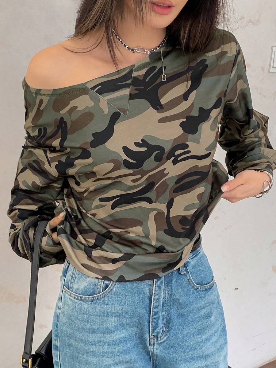 SHEIN EZwear Damen lässiges, loses Langarm-T-Shirt mit Camouflage-Muster